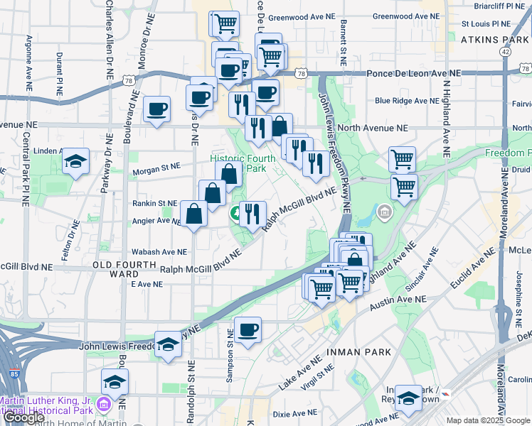 map of restaurants, bars, coffee shops, grocery stores, and more near 737 Ralph McGill Boulevard Northeast in Atlanta
