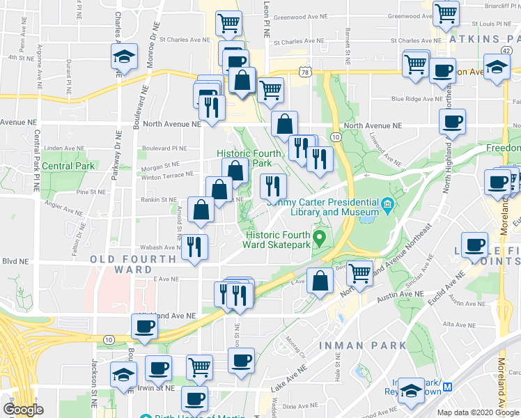 map of restaurants, bars, coffee shops, grocery stores, and more near 693 Angier Avenue Northeast in Atlanta
