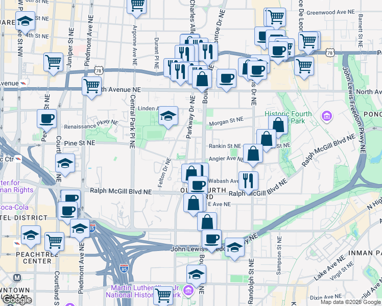 map of restaurants, bars, coffee shops, grocery stores, and more near 448 Parkway Drive Northeast in Atlanta