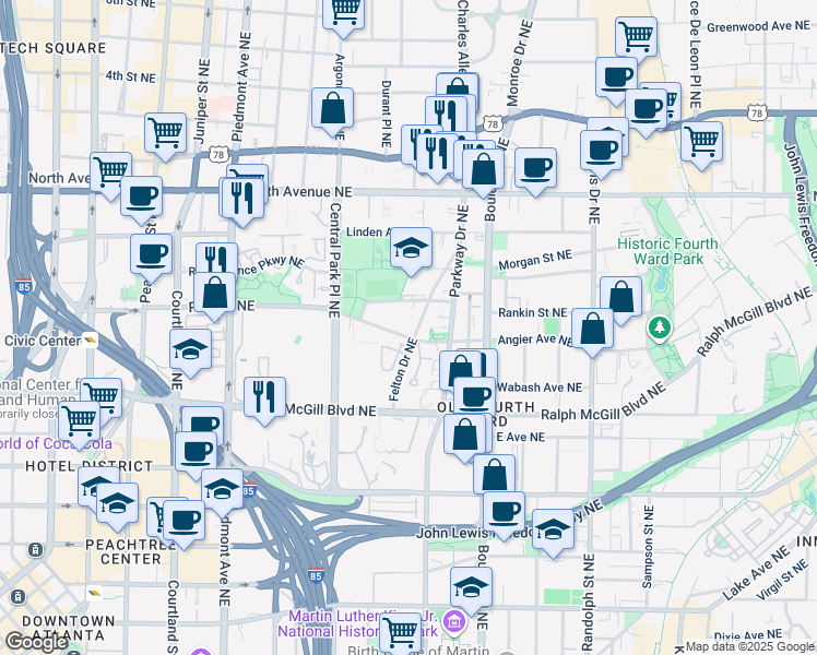 map of restaurants, bars, coffee shops, grocery stores, and more near 378 Angier Avenue Northeast in Atlanta