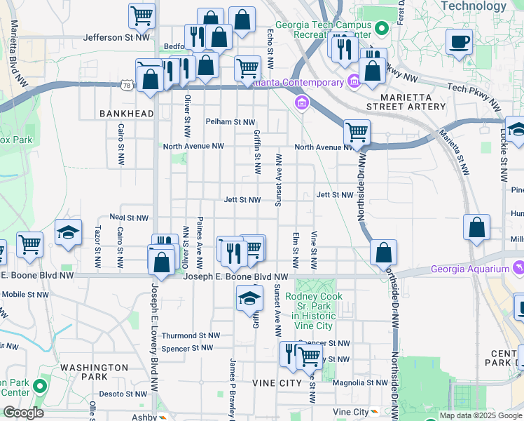 map of restaurants, bars, coffee shops, grocery stores, and more near 445 Griffin Street Northwest in Atlanta