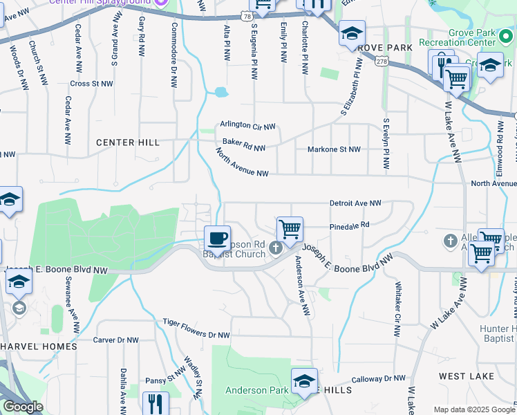 map of restaurants, bars, coffee shops, grocery stores, and more near 4140 Westchester Boulevard Northwest in Atlanta