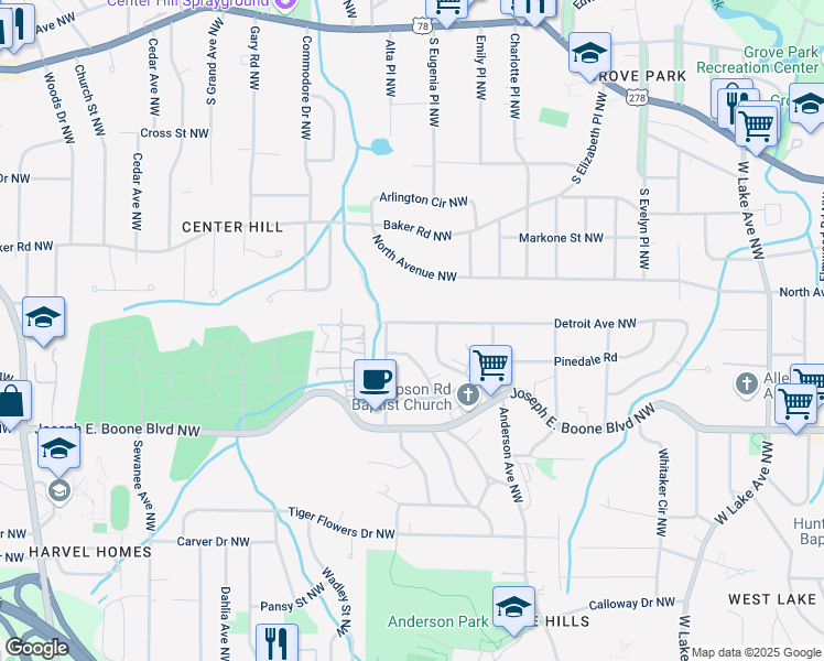 map of restaurants, bars, coffee shops, grocery stores, and more near 2058 Detroit Avenue Northwest in Atlanta