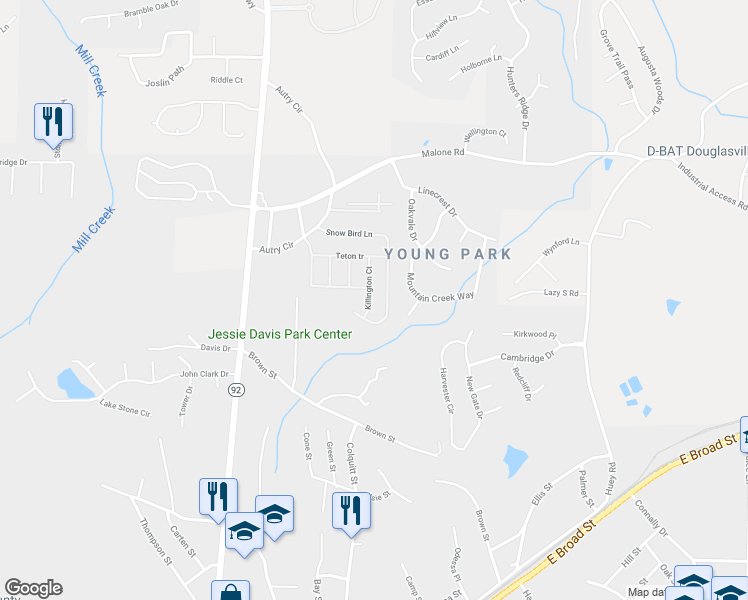 map of restaurants, bars, coffee shops, grocery stores, and more near 6616 Killington Court in Douglasville