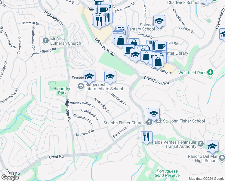 map of restaurants, bars, coffee shops, grocery stores, and more near 5609 Mistridge Drive in Rancho Palos Verdes