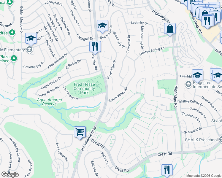 map of restaurants, bars, coffee shops, grocery stores, and more near 29323 Stadia Hill Lane in Rancho Palos Verdes
