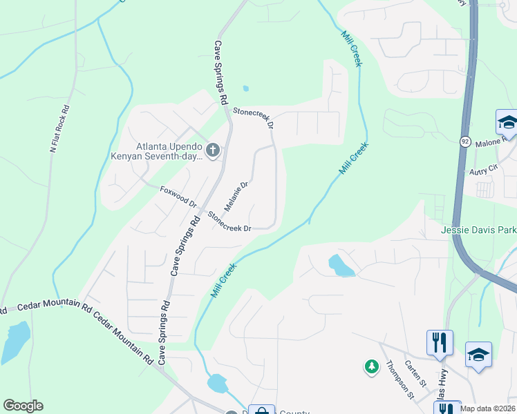 map of restaurants, bars, coffee shops, grocery stores, and more near 7788 Cynthia Court in Douglasville