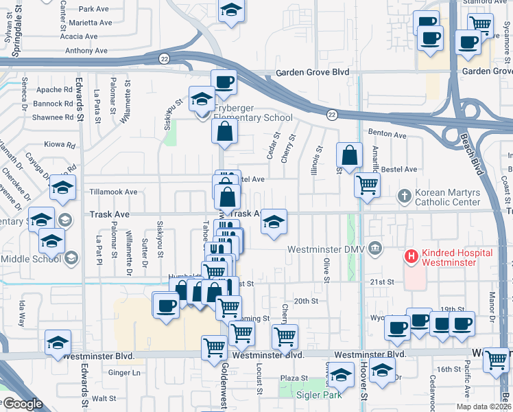 map of restaurants, bars, coffee shops, grocery stores, and more near 13470 Freedom Way in Westminster