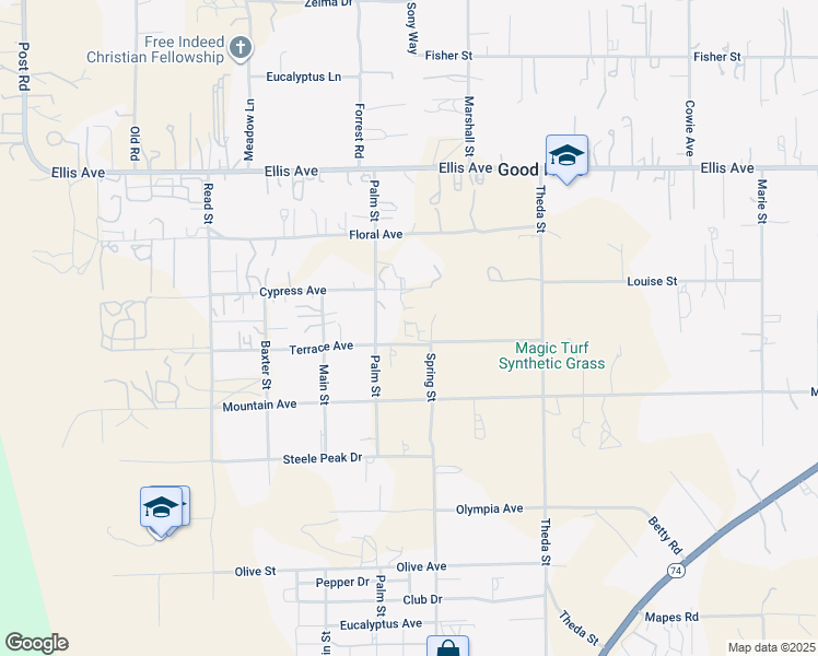map of restaurants, bars, coffee shops, grocery stores, and more near 21732 Terrace Avenue in Perris