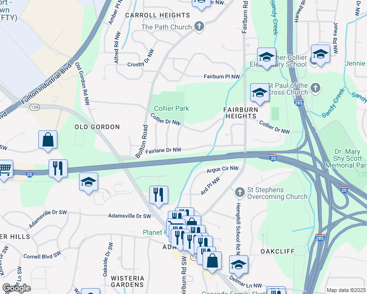 map of restaurants, bars, coffee shops, grocery stores, and more near 3597 Fairlane Drive Northwest in Atlanta