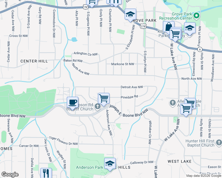 map of restaurants, bars, coffee shops, grocery stores, and more near 411 Illinois Avenue Northwest in Atlanta