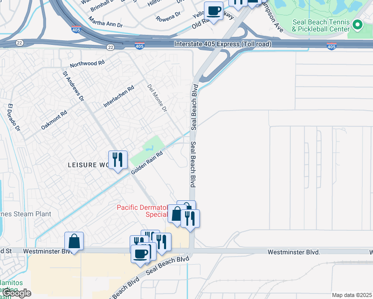 map of restaurants, bars, coffee shops, grocery stores, and more near 13550 Del Monte Drive in Seal Beach
