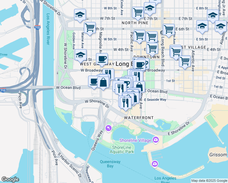 map of restaurants, bars, coffee shops, grocery stores, and more near 360 West Ocean Boulevard in Long Beach