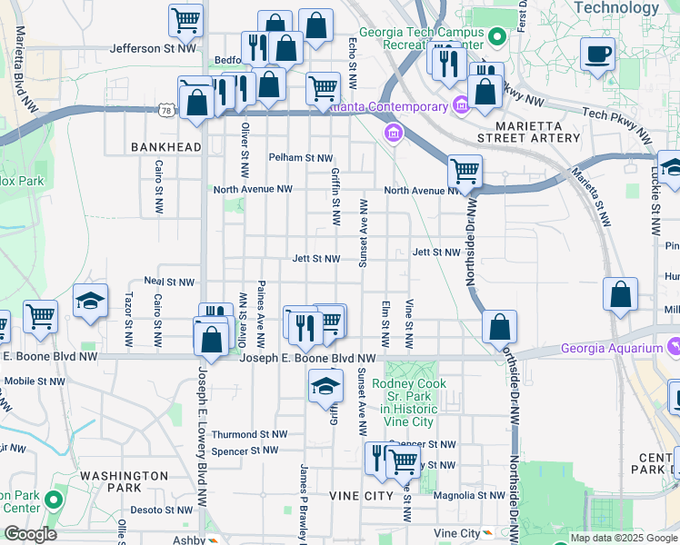 map of restaurants, bars, coffee shops, grocery stores, and more near 445 Griffin Street Northwest in Atlanta
