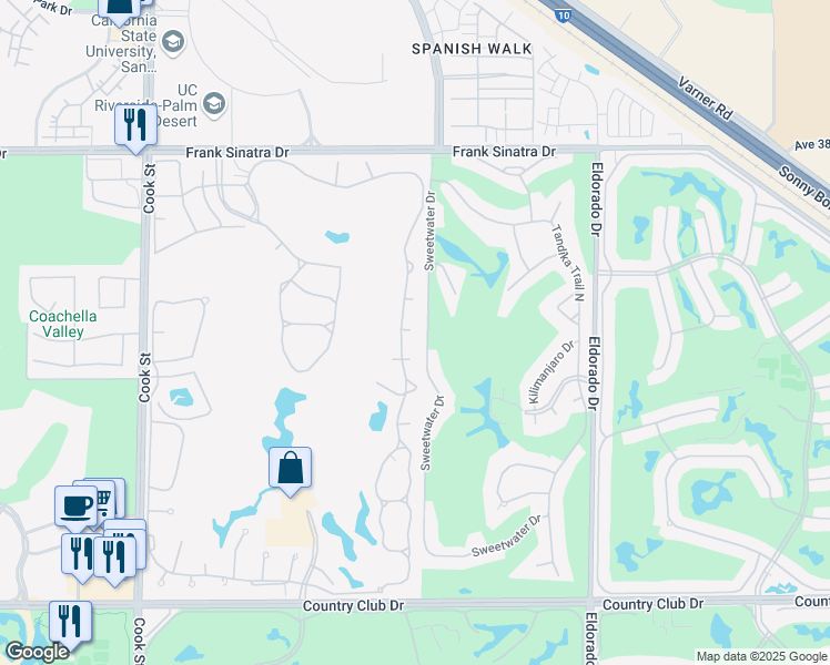 map of restaurants, bars, coffee shops, grocery stores, and more near 272 Desert Falls Drive East in Palm Desert