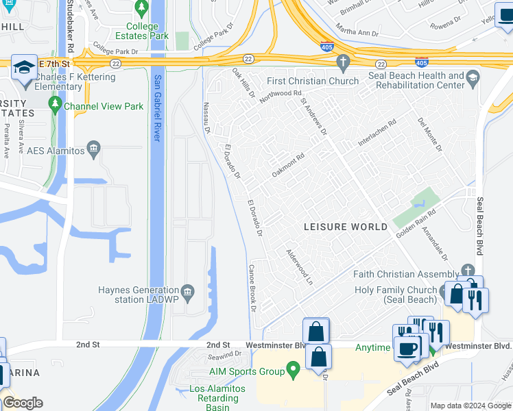 map of restaurants, bars, coffee shops, grocery stores, and more near 13520 El Dorado Drive in Seal Beach
