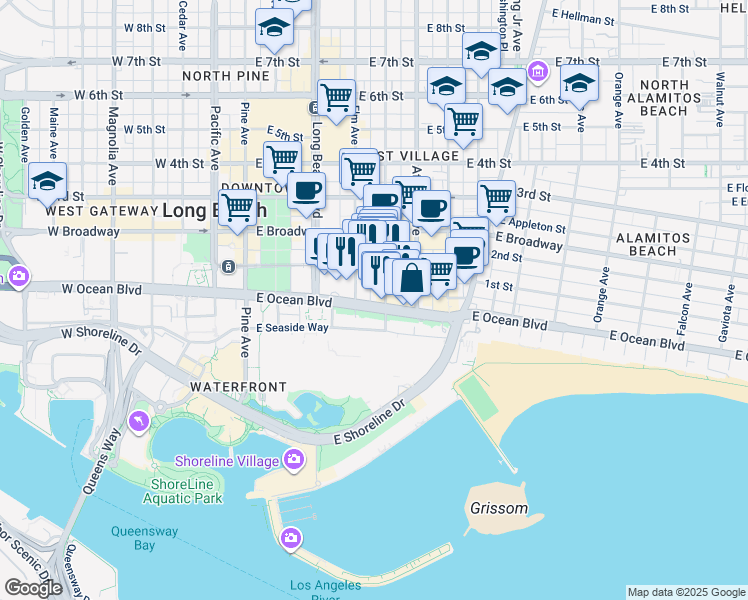 map of restaurants, bars, coffee shops, grocery stores, and more near 425 East Ocean Boulevard in Long Beach