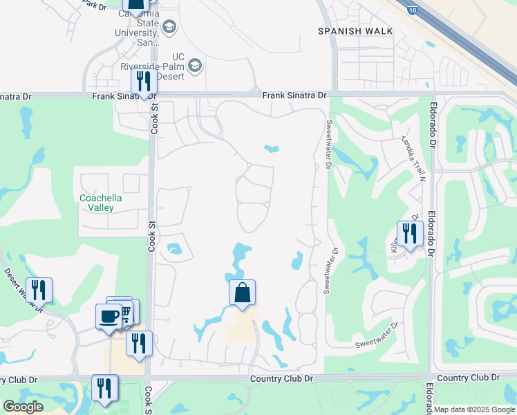 map of restaurants, bars, coffee shops, grocery stores, and more near 175 Firestone Drive in Palm Desert