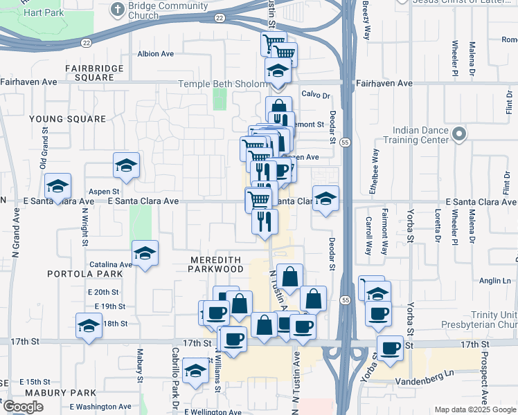 map of restaurants, bars, coffee shops, grocery stores, and more near 2034 East Santa Clara Avenue in Santa Ana