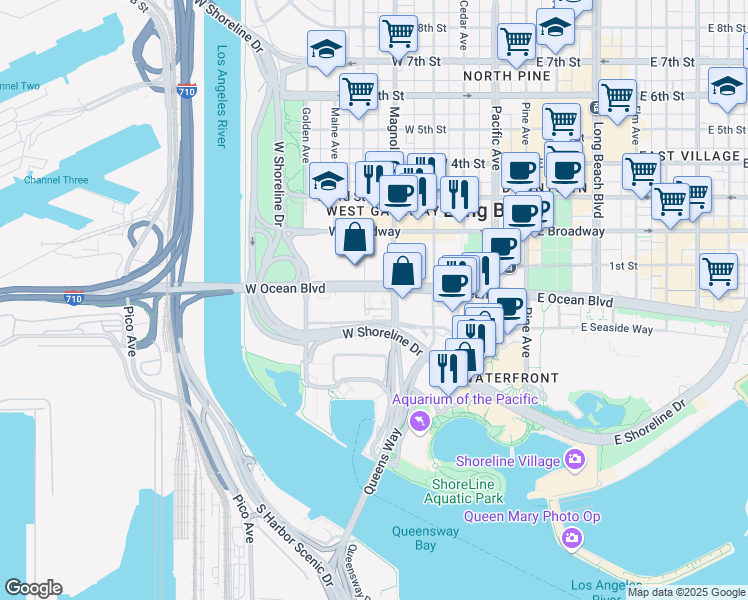 map of restaurants, bars, coffee shops, grocery stores, and more near 100 Oceangate in Long Beach
