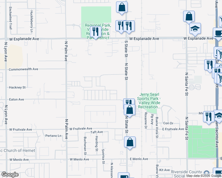 map of restaurants, bars, coffee shops, grocery stores, and more near 1097 State Street in Hemet