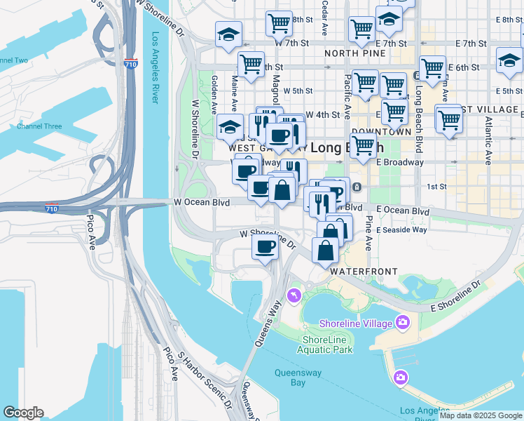map of restaurants, bars, coffee shops, grocery stores, and more near 100 Oceangate in Long Beach