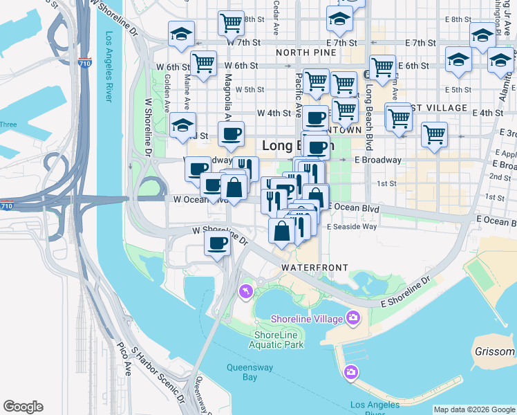 map of restaurants, bars, coffee shops, grocery stores, and more near 300 West Ocean Boulevard in Long Beach