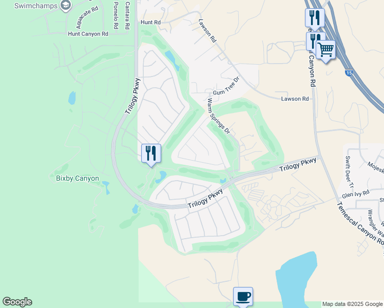 map of restaurants, bars, coffee shops, grocery stores, and more near 24295 Big Bear Lane in Corona