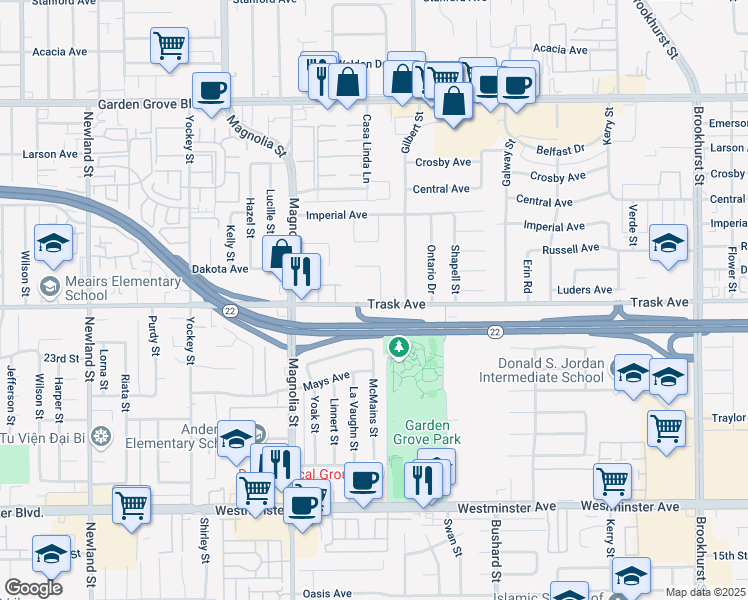 map of restaurants, bars, coffee shops, grocery stores, and more near 13471 Mickey Street in Garden Grove