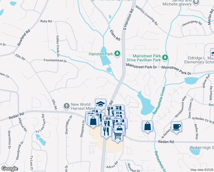 map of restaurants, bars, coffee shops, grocery stores, and more near 4835 Brasac Drive in Stone Mountain
