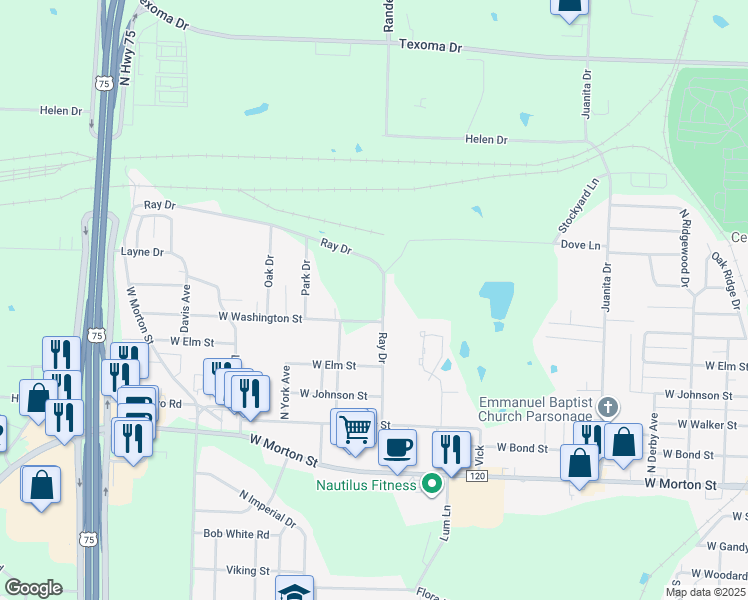 map of restaurants, bars, coffee shops, grocery stores, and more near 1023-1021 Ray Drive in Denison