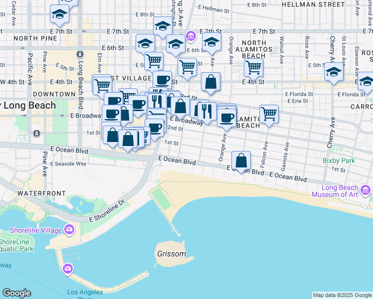 map of restaurants, bars, coffee shops, grocery stores, and more near 1007 East Ocean Boulevard in Long Beach