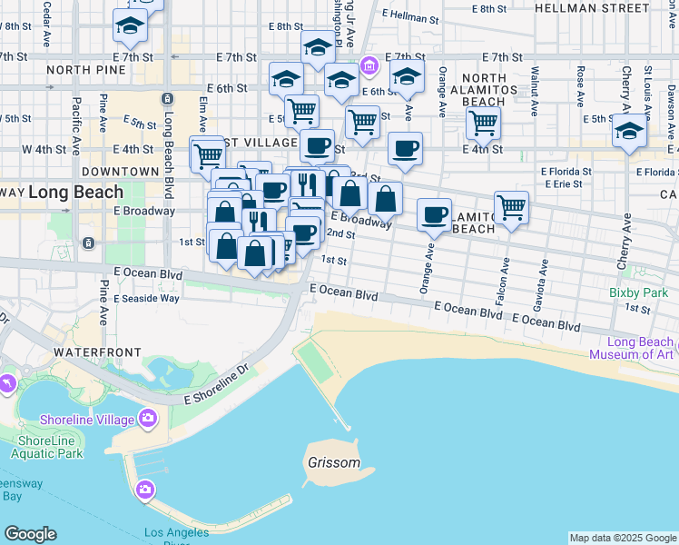 map of restaurants, bars, coffee shops, grocery stores, and more near 30 North Alboni Place in Long Beach