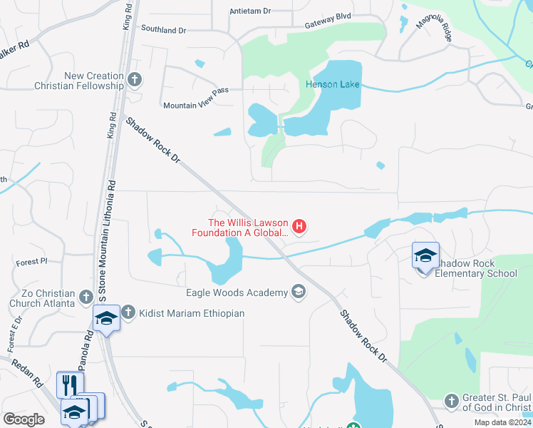 map of restaurants, bars, coffee shops, grocery stores, and more near 942 Shadow Ridge Trail in Lithonia