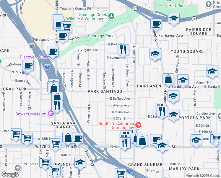 map of restaurants, bars, coffee shops, grocery stores, and more near 2308 Oakmont Avenue in Santa Ana