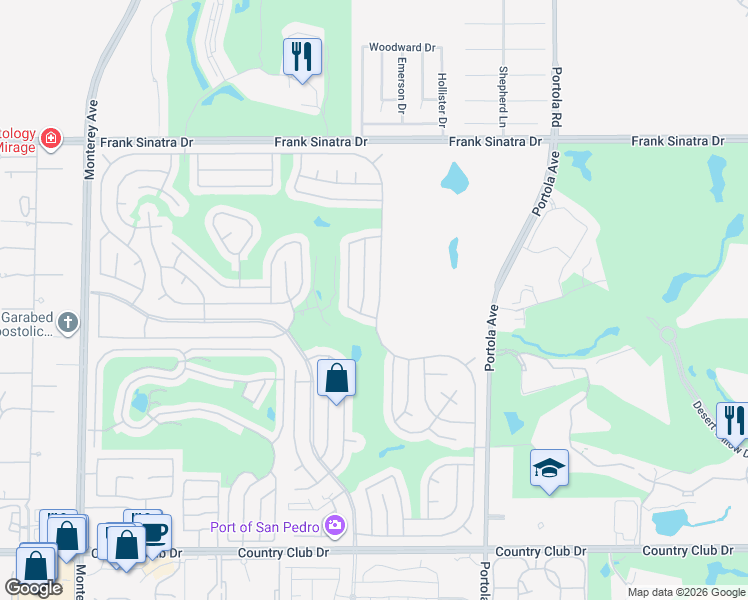 map of restaurants, bars, coffee shops, grocery stores, and more near 38785 Desert Greens Drive East in Palm Desert