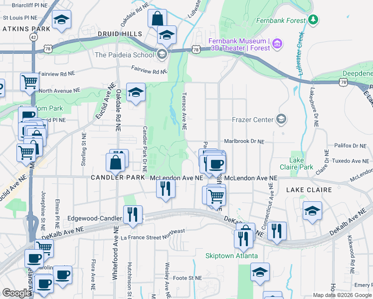 map of restaurants, bars, coffee shops, grocery stores, and more near 1500 McLendon Avenue Northeast in Atlanta