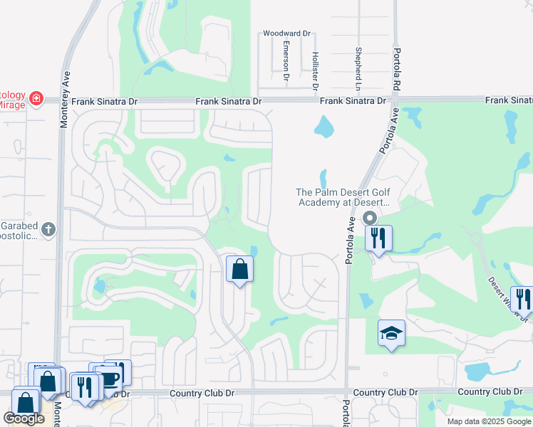 map of restaurants, bars, coffee shops, grocery stores, and more near 38785 Desert Greens Drive East in Palm Desert