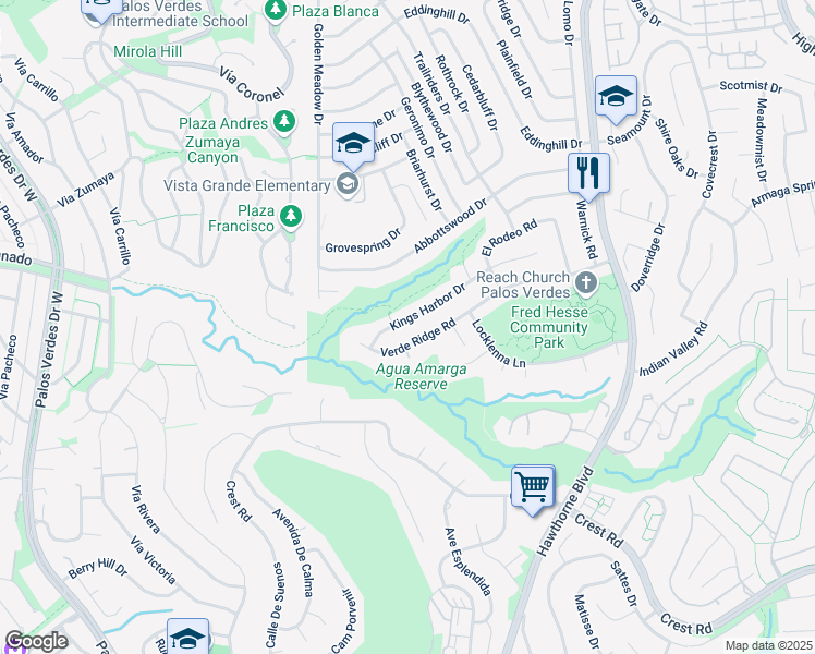 map of restaurants, bars, coffee shops, grocery stores, and more near 6869 Verde Ridge Road in Rancho Palos Verdes