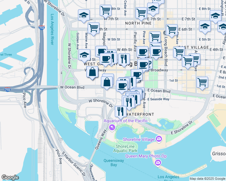 map of restaurants, bars, coffee shops, grocery stores, and more near 442 West Ocean Boulevard in Long Beach
