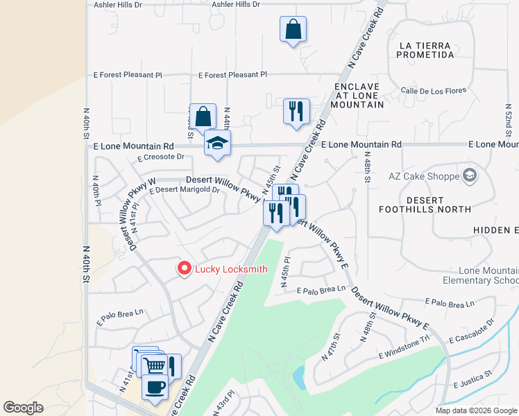 map of restaurants, bars, coffee shops, grocery stores, and more near 4449 East Rancho Caliente Drive in Cave Creek