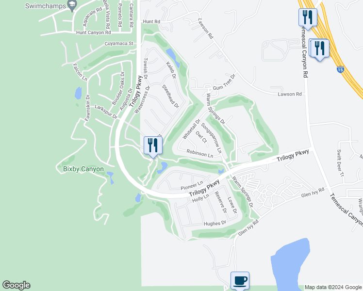 map of restaurants, bars, coffee shops, grocery stores, and more near 24306 Whitetail Drive in Corona