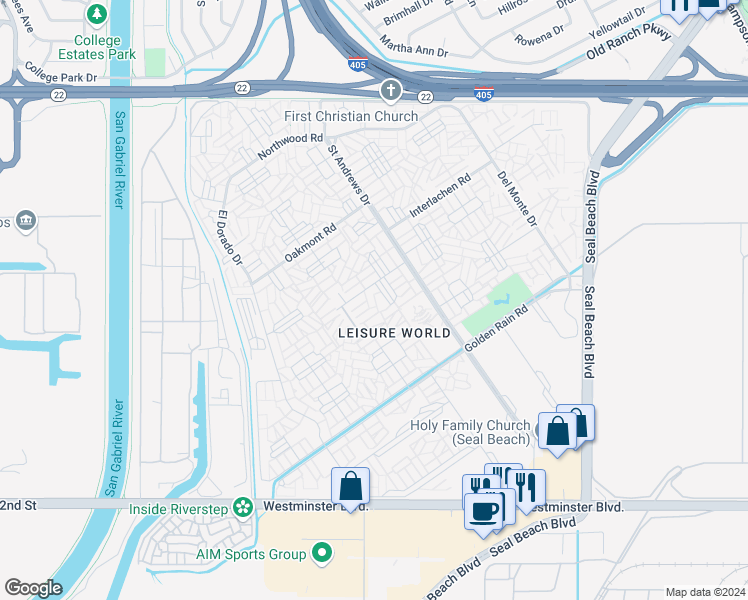 map of restaurants, bars, coffee shops, grocery stores, and more near 1460 Pelham Road in Seal Beach
