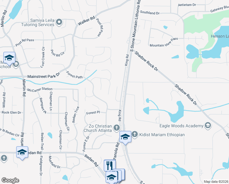 map of restaurants, bars, coffee shops, grocery stores, and more near 5450 Farmview Close in Stone Mountain