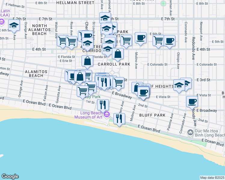 map of restaurants, bars, coffee shops, grocery stores, and more near 237 Kennebec Avenue in Long Beach