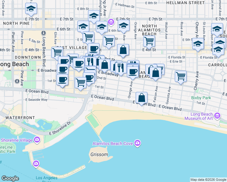 map of restaurants, bars, coffee shops, grocery stores, and more near 1056 East 1st Street in Long Beach