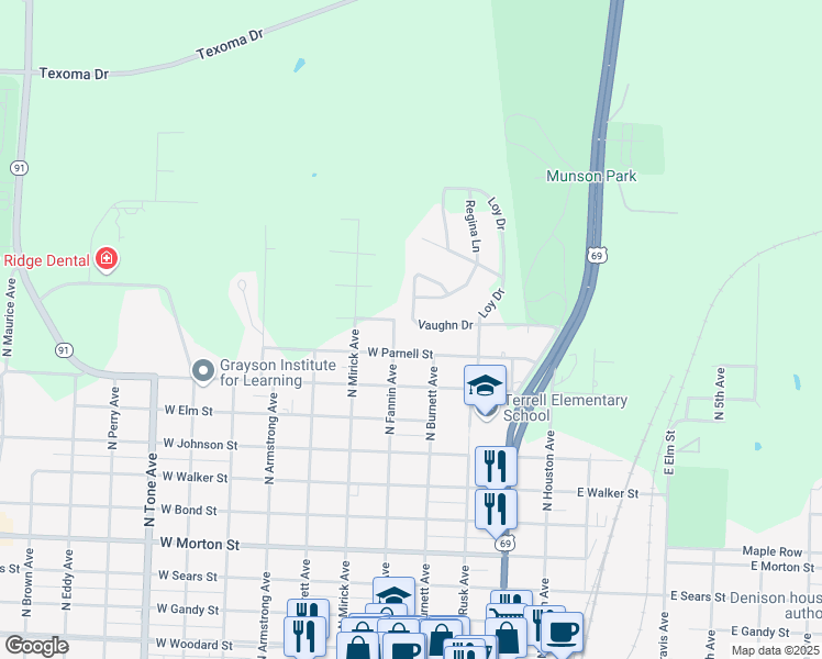 map of restaurants, bars, coffee shops, grocery stores, and more near 54 Vaughn Drive in Denison