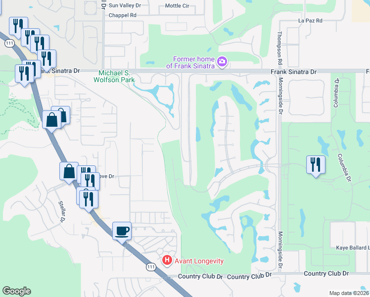 map of restaurants, bars, coffee shops, grocery stores, and more near 74 Mayfair Drive in Rancho Mirage