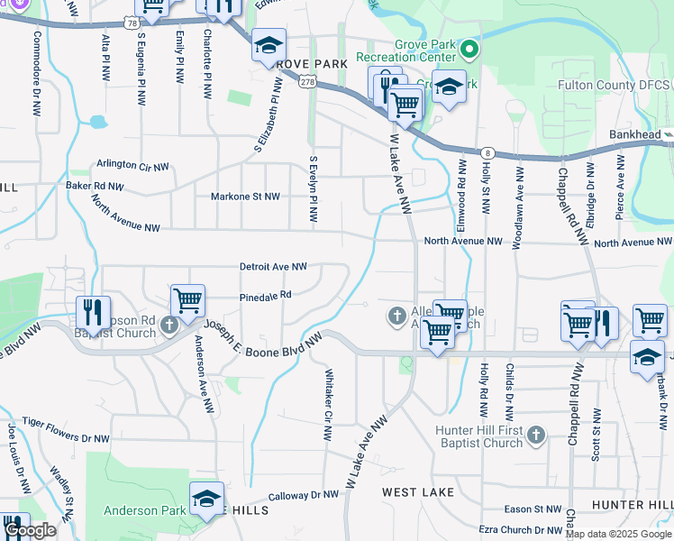 map of restaurants, bars, coffee shops, grocery stores, and more near 1760 Detroit Avenue Northwest in Atlanta