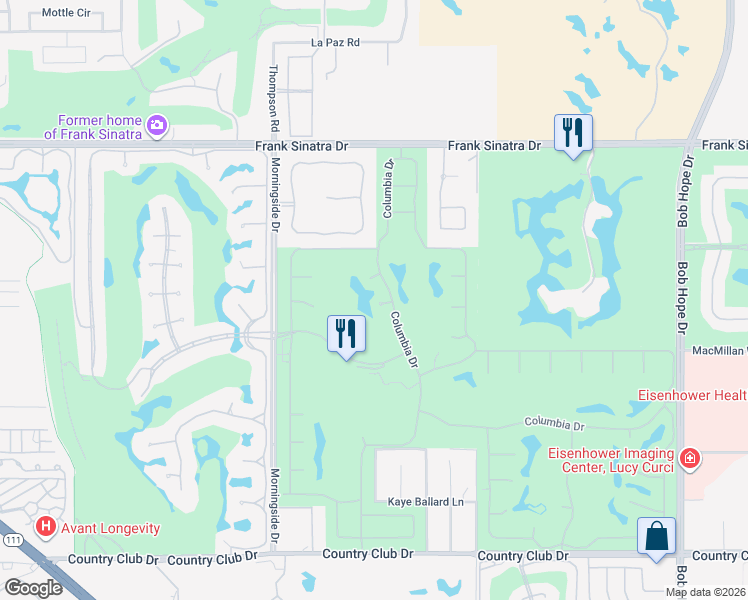 map of restaurants, bars, coffee shops, grocery stores, and more near 2 Saint Johns Court in Rancho Mirage